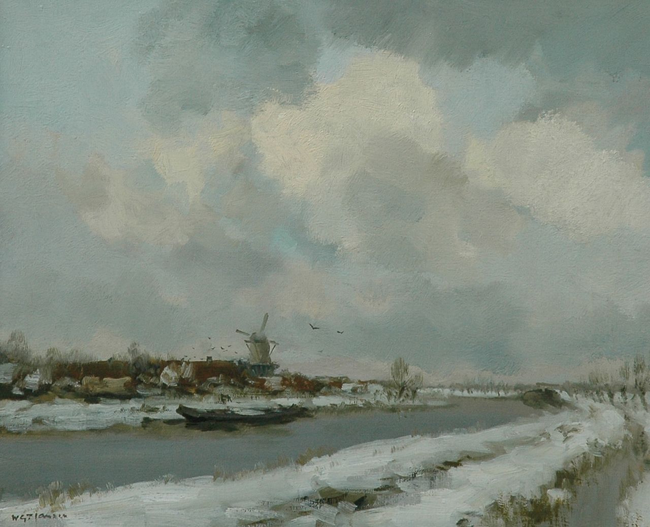 Jansen W.G.F. | 'Willem' George Frederik Jansen, Winterse poldervaart met molen, olieverf op doek 50,0 x 60,2 cm, gesigneerd linksonder Jansen W.G.F. | 'Willem' George Frederik Jansen, Winterse poldervaart met molen, olieverf op doek 50,0 x 60,2 cm, gesigneerd linksonder