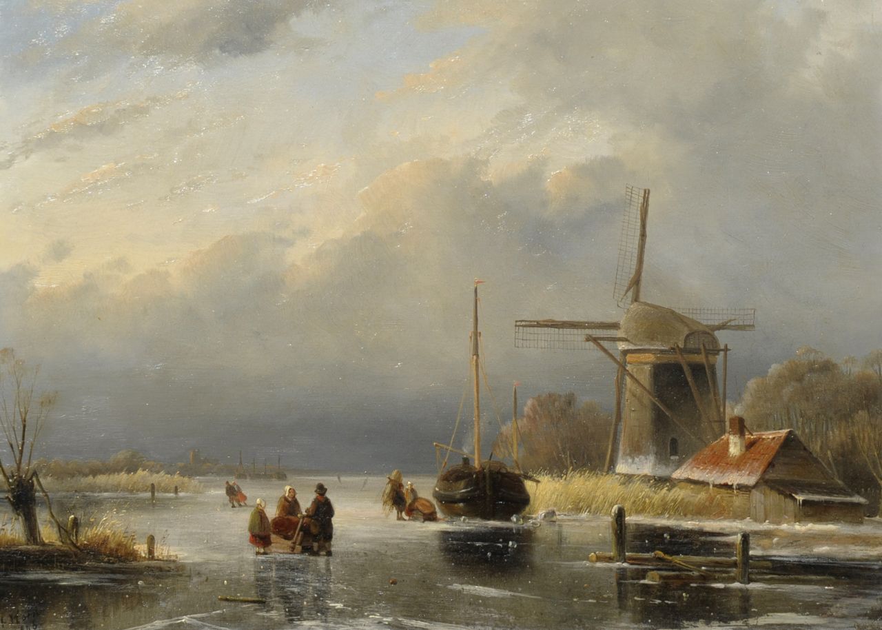 Hoen C.P. 't | Cornelis Petrus 't Hoen, Winterlandschap met schaatsers bij een molen, olieverf op paneel 32,0 x 43,5 cm, gesigneerd linksonder en gedateerd 1846