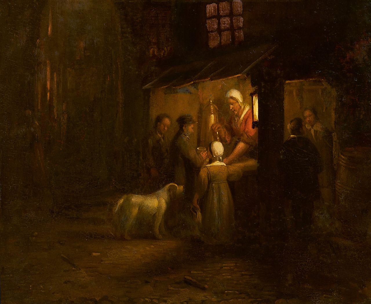Haanen G.G. | George Gillis Haanen | Schilderijen te koop aangeboden | Marktkraam met figuren bij kaarslicht, olieverf op paneel 19,7 x 22,4 cm Haanen G.G. | George Gillis Haanen | Schilderijen te koop aangeboden | Marktkraam met figuren bij kaarslicht, olieverf op paneel 19,7 x 22,4 cm