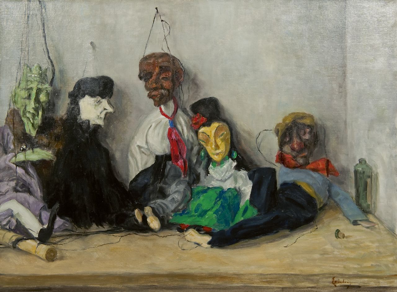 Erkelens P.C. | Paulus Casper Erkelens, Stilleven met marionetten, olieverf op doek 61,6 x 81,8 cm, gesigneerd rechtsonder Erkelens P.C. | Paulus Casper Erkelens, Stilleven met marionetten, olieverf op doek 61,6 x 81,8 cm, gesigneerd rechtsonder
