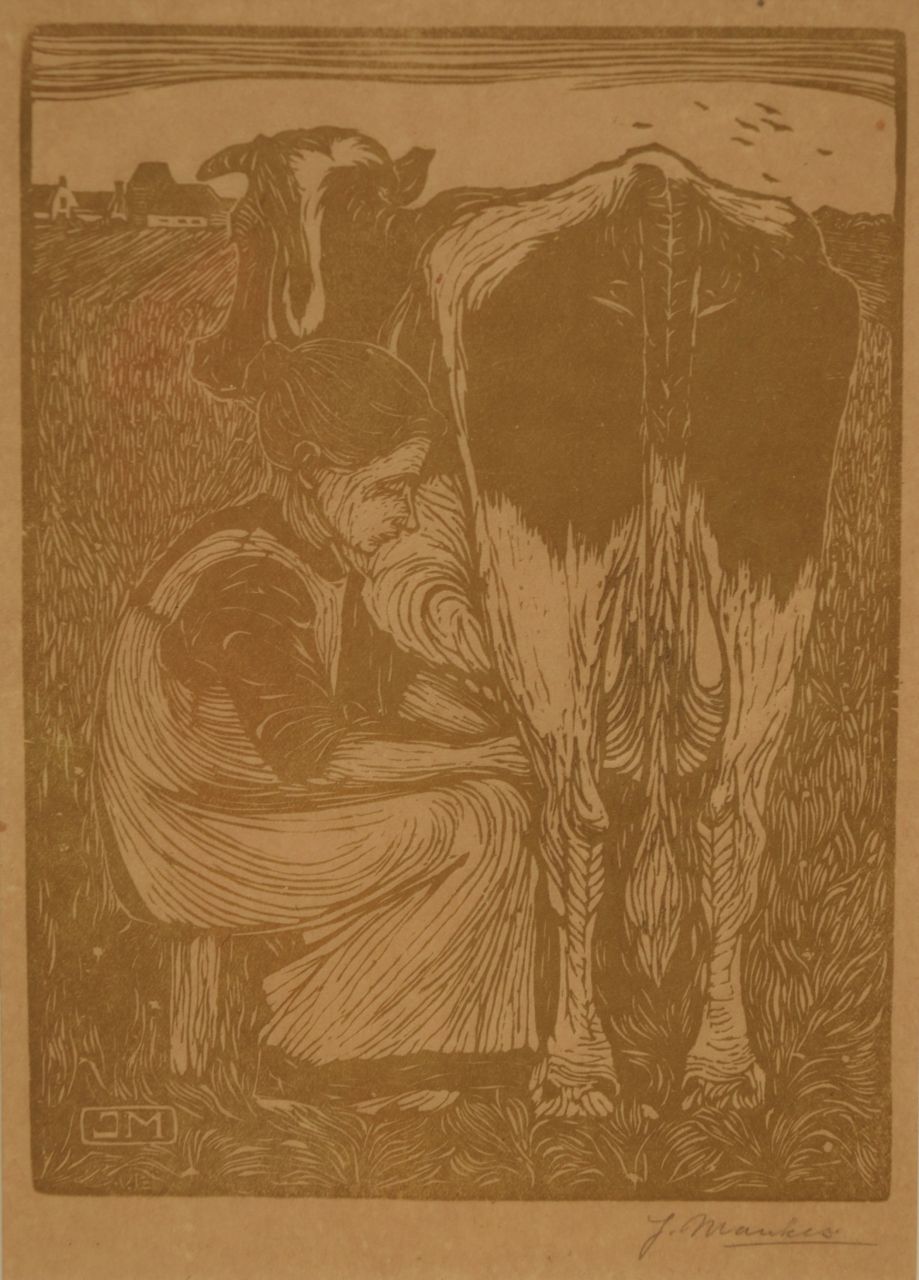 Jan Mankes | Koemelkster, houtsnede op papier, 19,1 x 14,2 cm, gesigneerd r.o. voluit (in potlood) en met mon. in het blok en zonder lijst