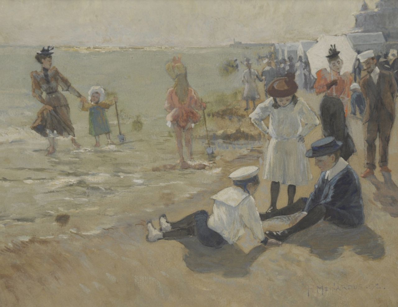 Meinardus P.  | P. Meinardus, Aan het strand van Scheveningen, gouache op papier 20,1 x 25,8 cm, gesigneerd rechtsonder en gedateerd '92