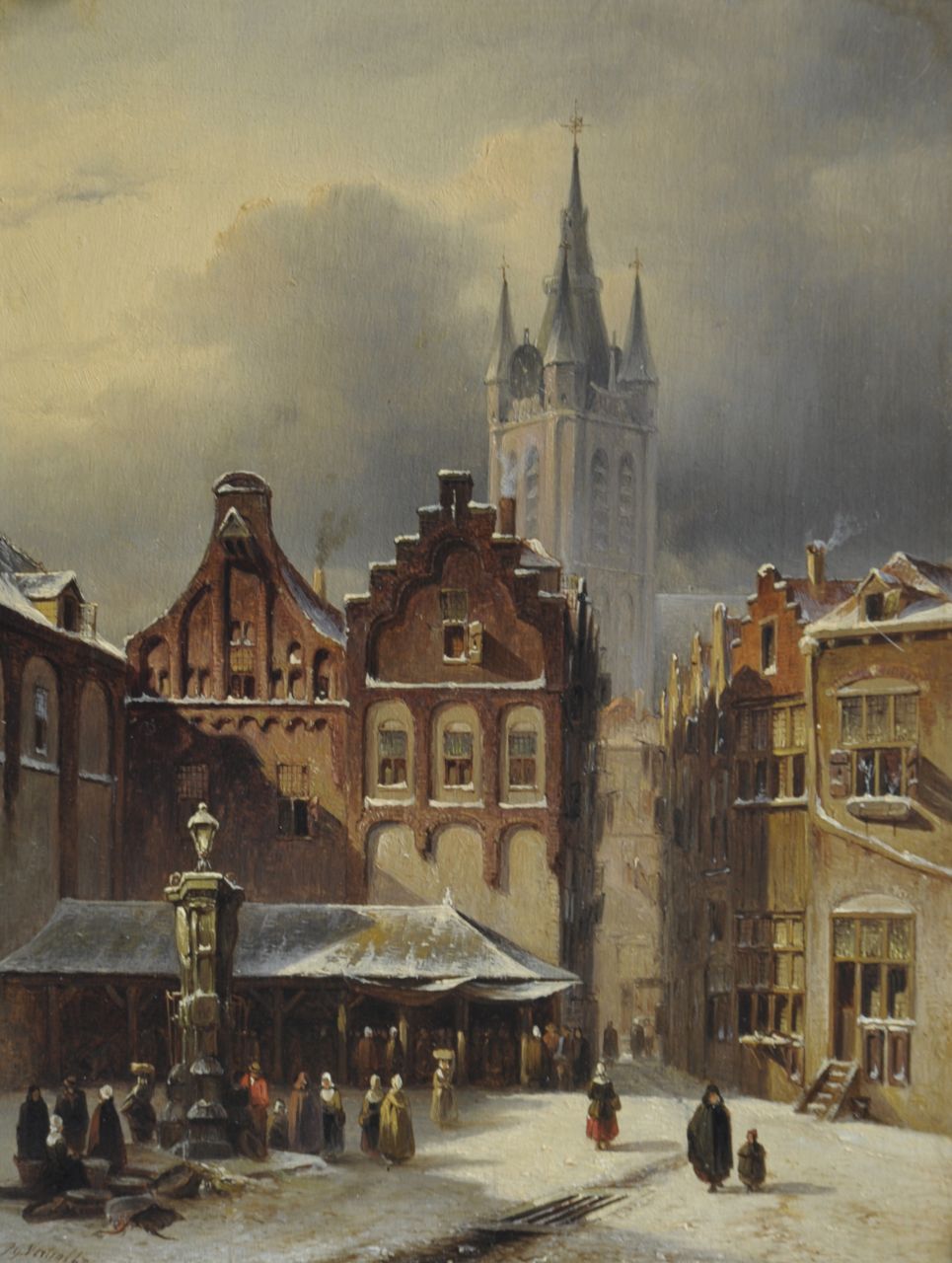 Vertin P.G. | Petrus Gerardus Vertin, Winters stadsgezicht met de Oude Kerk van Delft, olieverf op paneel 24,8 x 18,9 cm, gesigneerd linksonder en gedateerd '47 Vertin P.G. | Petrus Gerardus Vertin, Winters stadsgezicht met de Oude Kerk van Delft, olieverf op paneel 24,8 x 18,9 cm, gesigneerd linksonder en gedateerd '47