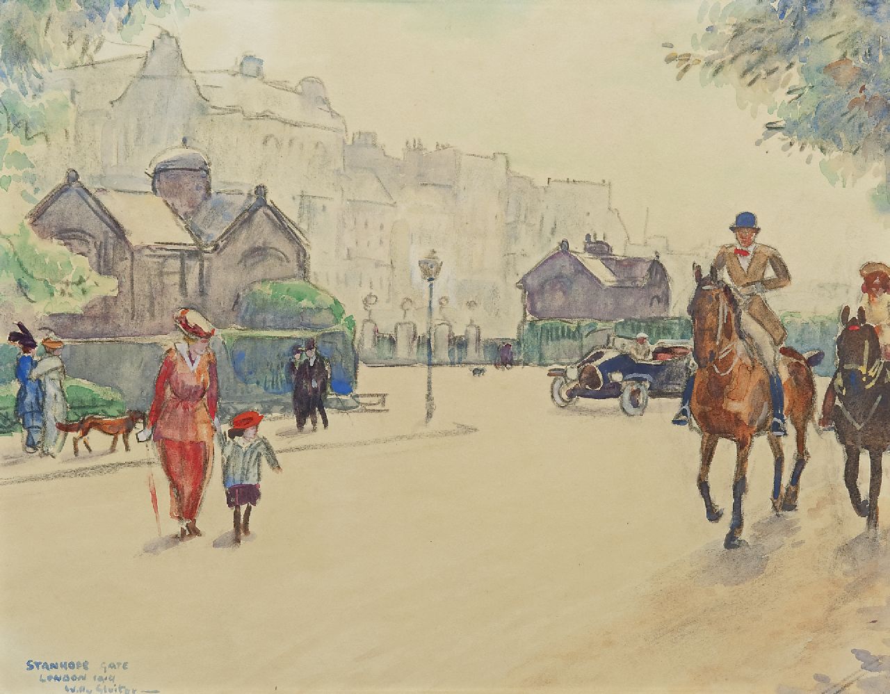 Sluiter J.W. | Jan Willem 'Willy' Sluiter, Stanhope Gate, Londen, krijt en aquarel op papier 35,5 x 46,0 cm, gesigneerd linksonder en gedateerd 1914 Sluiter J.W. | Jan Willem 'Willy' Sluiter, Stanhope Gate, Londen, krijt en aquarel op papier 35,5 x 46,0 cm, gesigneerd linksonder en gedateerd 1914