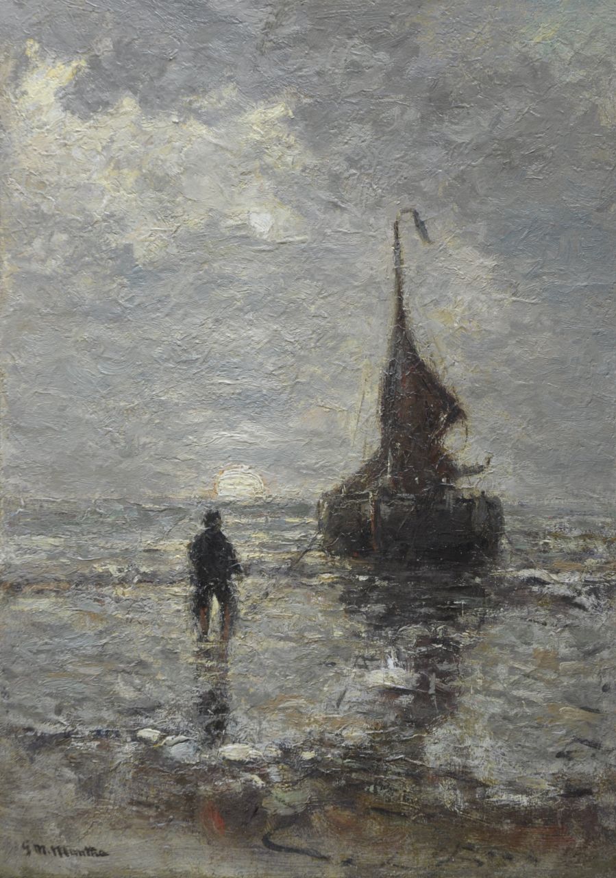 Munthe G.A.L.  | Gerhard Arij Ludwig 'Morgenstjerne' Munthe, Voor anker in de branding, olieverf op doek 52,2 x 37,3 cm, gesigneerd linksonder en te dateren ca. 1875