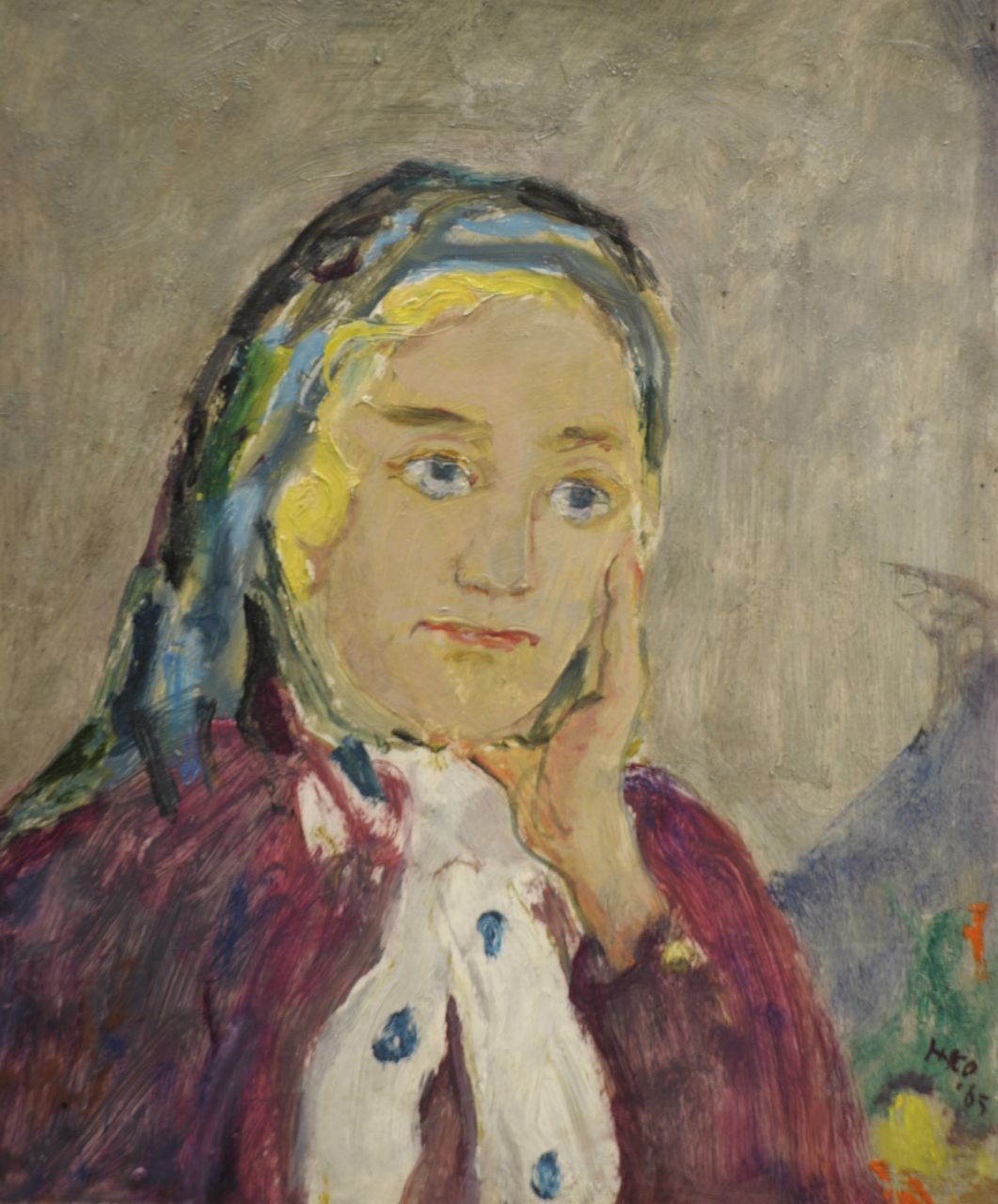 Kamerlingh Onnes H.H. | 'Harm' Henrick Kamerlingh Onnes, Vrouw met sjaal, olieverf op board 27,2 x 22,7 cm, gesigneerd rechtsonder met monogram en gedateerd '65 Kamerlingh Onnes H.H. | 'Harm' Henrick Kamerlingh Onnes, Vrouw met sjaal, olieverf op board 27,2 x 22,7 cm, gesigneerd rechtsonder met monogram en gedateerd '65