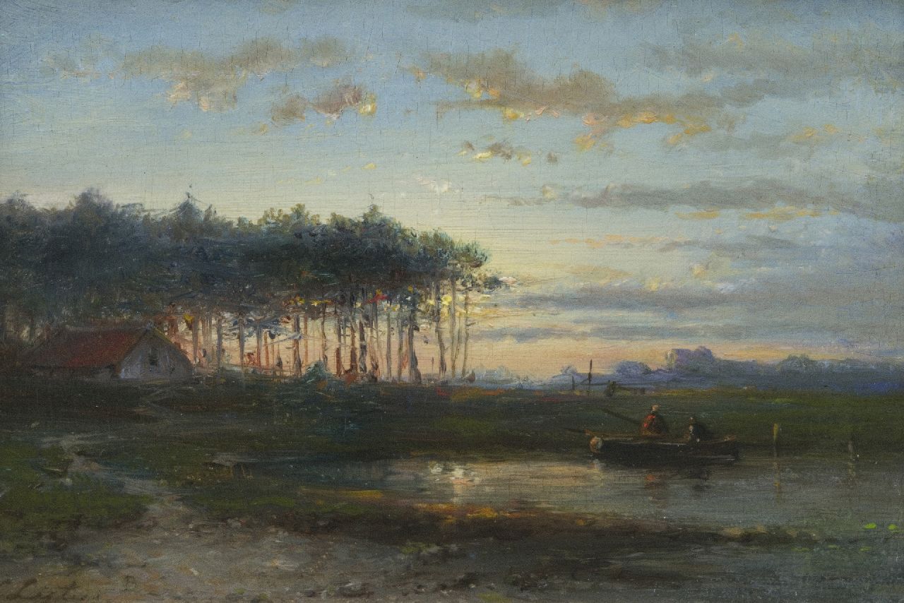 Lieste C. | Cornelis Lieste, Avondlandschap met vissers in een bootje, olieverf op paneel 13,1 x 18,7 cm, gesigneerd linksonder Lieste C. | Cornelis Lieste, Avondlandschap met vissers in een bootje, olieverf op paneel 13,1 x 18,7 cm, gesigneerd linksonder