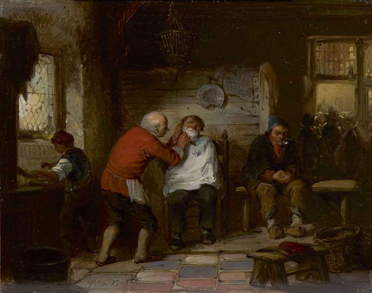 Kate H.F.C. ten | 'Herman' Frederik Carel ten Kate, Bij de barbier, olieverf op paneel 16,8 x 21,1 cm, gesigneerd linksonder