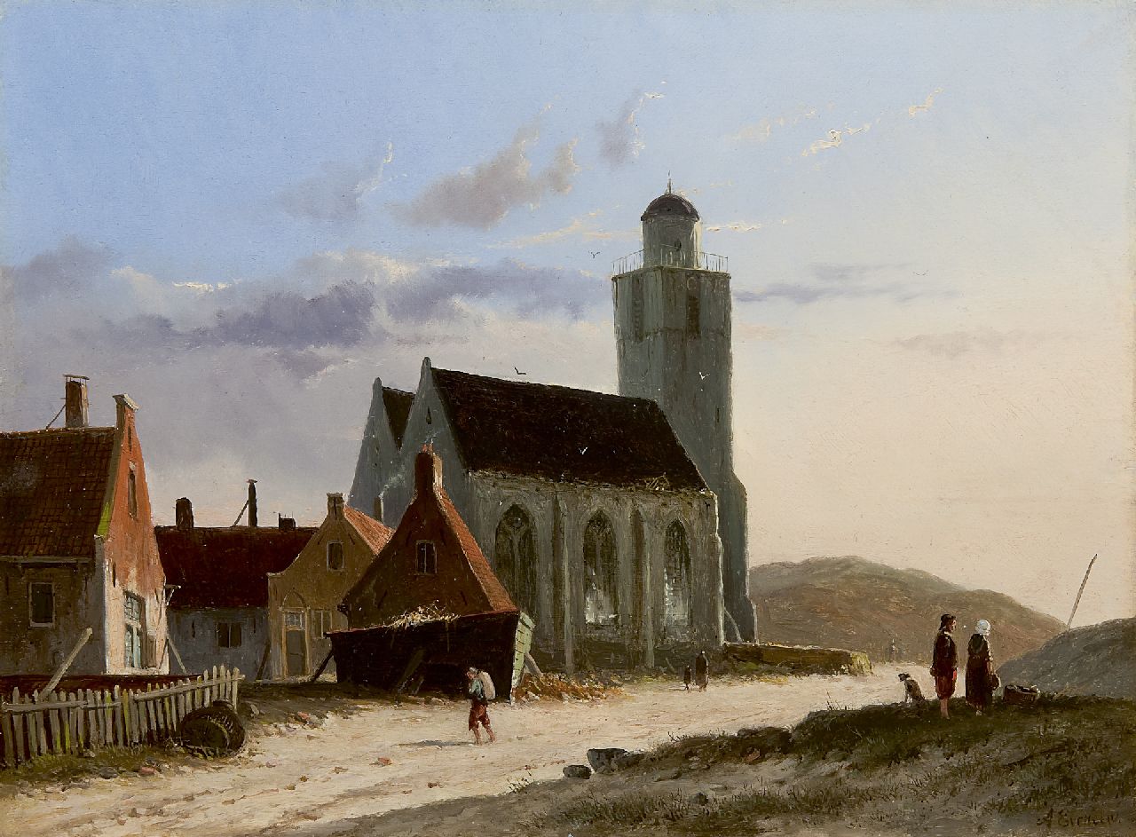 Eversen A. | Adrianus Eversen, Gezicht op de Oude Kerk, Katwijk, olieverf op paneel 23,8 x 31,9 cm, gesigneerd rechtsonder Eversen A. | Adrianus Eversen, Gezicht op de Oude Kerk, Katwijk, olieverf op paneel 23,8 x 31,9 cm, gesigneerd rechtsonder