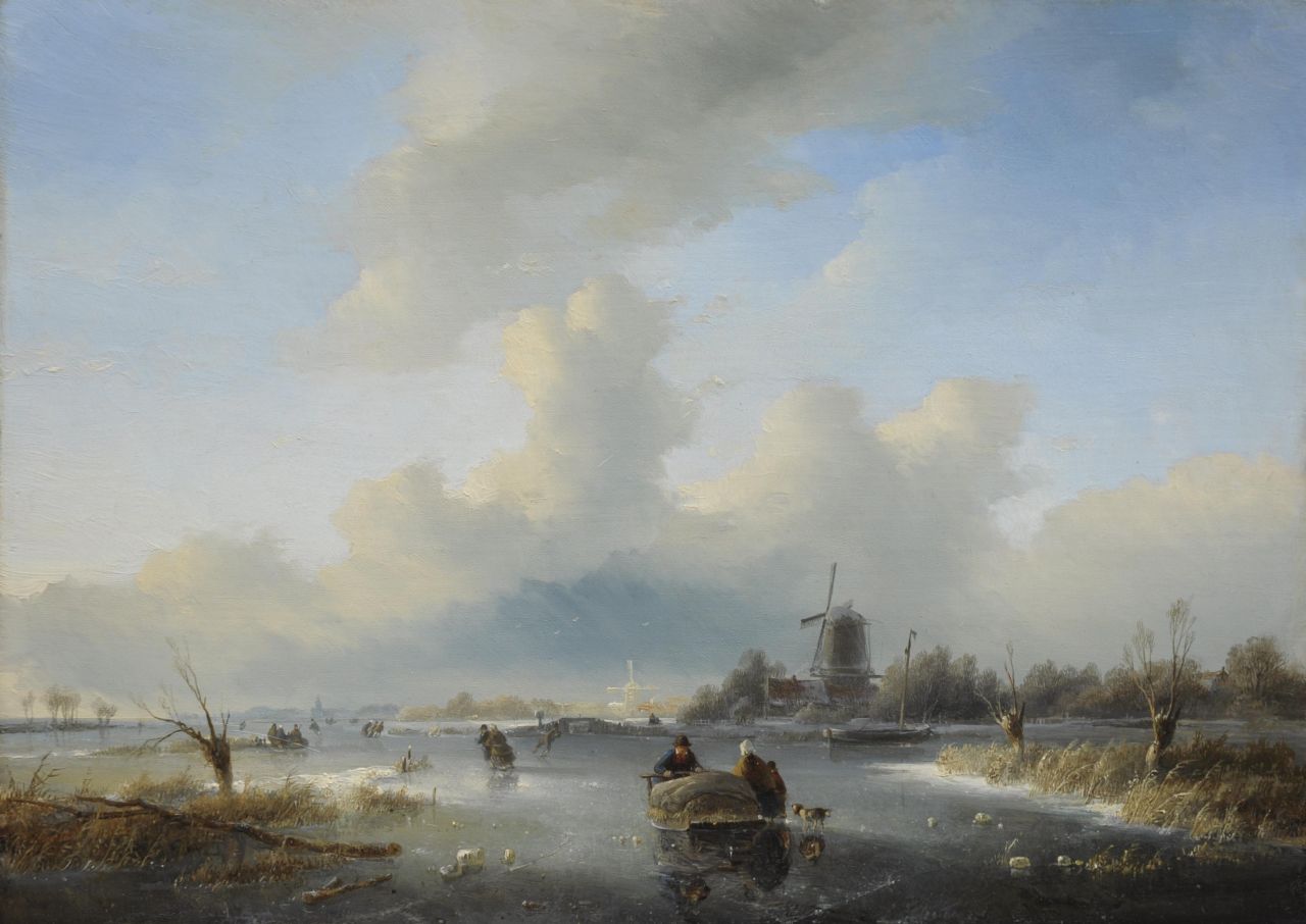Spohler J.J.  | Jan Jacob Spohler, Winterlandschap met schaatsers en sneeuwbui aan de horizon, olieverf op paneel 35,4 x 48,9 cm, gesigneerd rechtsonder resten van signatuur