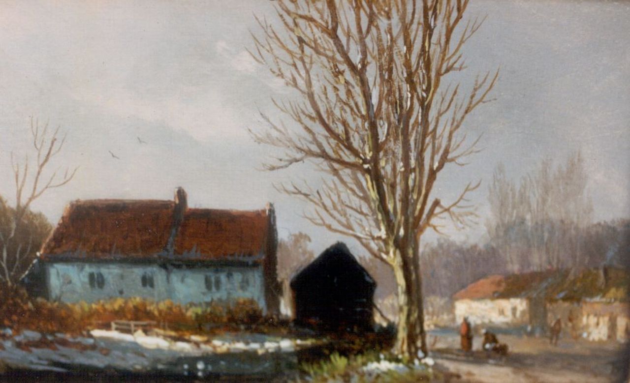 Eversen A. | Adrianus Eversen, Gezicht op buurtschap met figuren, olieverf op paneel 8,7 x 14,4 cm, gesigneerd rechtsonder monogram Eversen A. | Adrianus Eversen, Gezicht op buurtschap met figuren, olieverf op paneel 8,7 x 14,4 cm, gesigneerd rechtsonder monogram