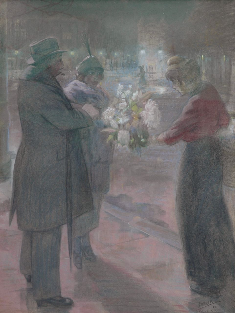 Pieck H.C. | 'Henri' Christiaan Pieck, De mooie bloemenverkoopster, pastel op papier 118,0 x 90,0 cm, gesigneerd rechtsonder en gedateerd '14 Pieck H.C. | 'Henri' Christiaan Pieck, De mooie bloemenverkoopster, pastel op papier 118,0 x 90,0 cm, gesigneerd rechtsonder en gedateerd '14
