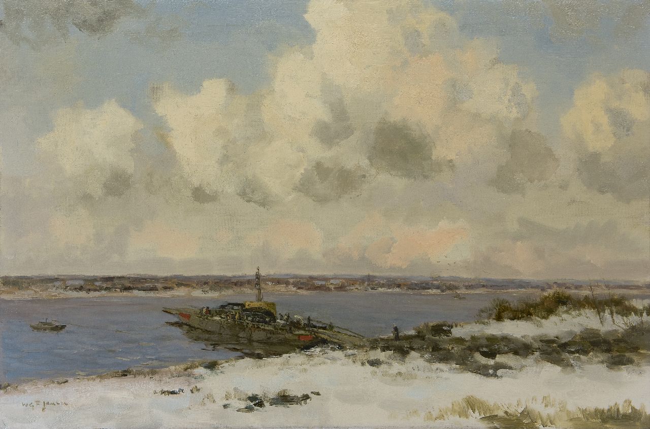 Jansen W.G.F. | 'Willem' George Frederik Jansen | Schilderijen te koop aangeboden | Overzetveer in de winter, olieverf op doek 60,5 x 90,5 cm, gesigneerd linksonder Jansen W.G.F. | 'Willem' George Frederik Jansen | Schilderijen te koop aangeboden | Overzetveer in de winter, olieverf op doek 60,5 x 90,5 cm, gesigneerd linksonder
