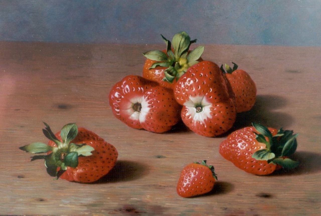 Bubarnik A.G.  | Andreas Gyula Bubarnik, Aardbeien op stenen tafel, olieverf op paneel 18,0 x 24,0 cm, gesigneerd rechtsonder