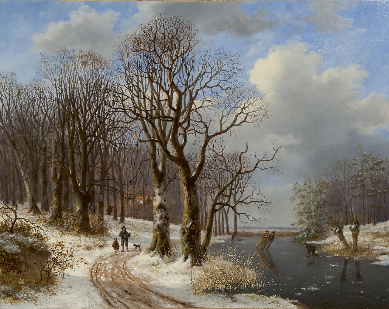 Mirani E.B.G.P.  | 'Everardus' Benedictus Gregorius Pagano Mirani, Winterlandschap met schaatsers en wandelaars, olieverf op doek 55,7 x 72,5 cm