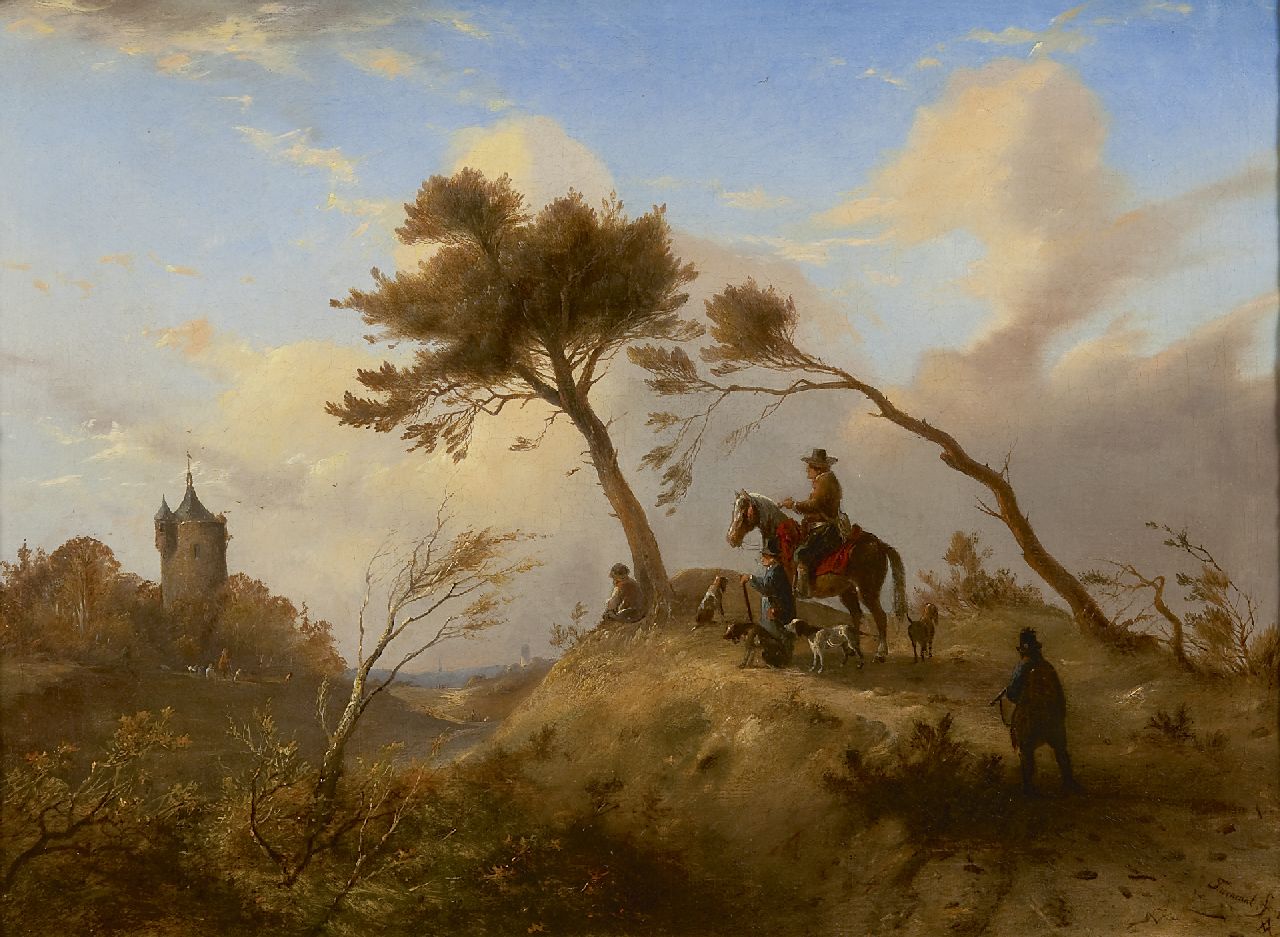 Tavenraat J. | Johannes Tavenraat, Jachtgezelschap in heuvellandschap, olieverf op doek 42,5 x 57,5 cm, gesigneerd rechtsonder en gedateerd 1845 Tavenraat J. | Johannes Tavenraat, Jachtgezelschap in heuvellandschap, olieverf op doek 42,5 x 57,5 cm, gesigneerd rechtsonder en gedateerd 1845