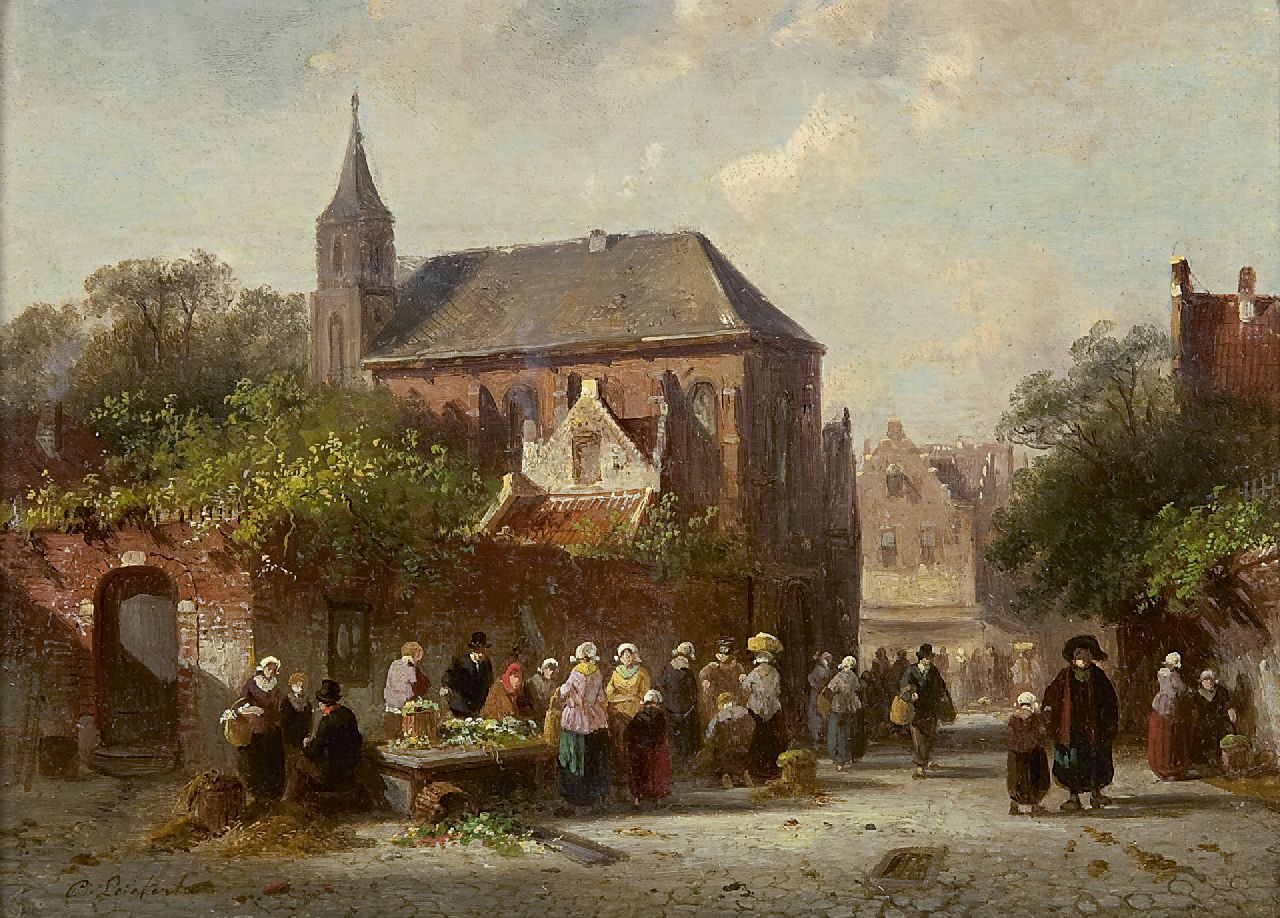 Leickert C.H.J.  | 'Charles' Henri Joseph Leickert, Drukbevolkt dorpsplein, olieverf op paneel 16,9 x 23,2 cm, gesigneerd linksonder