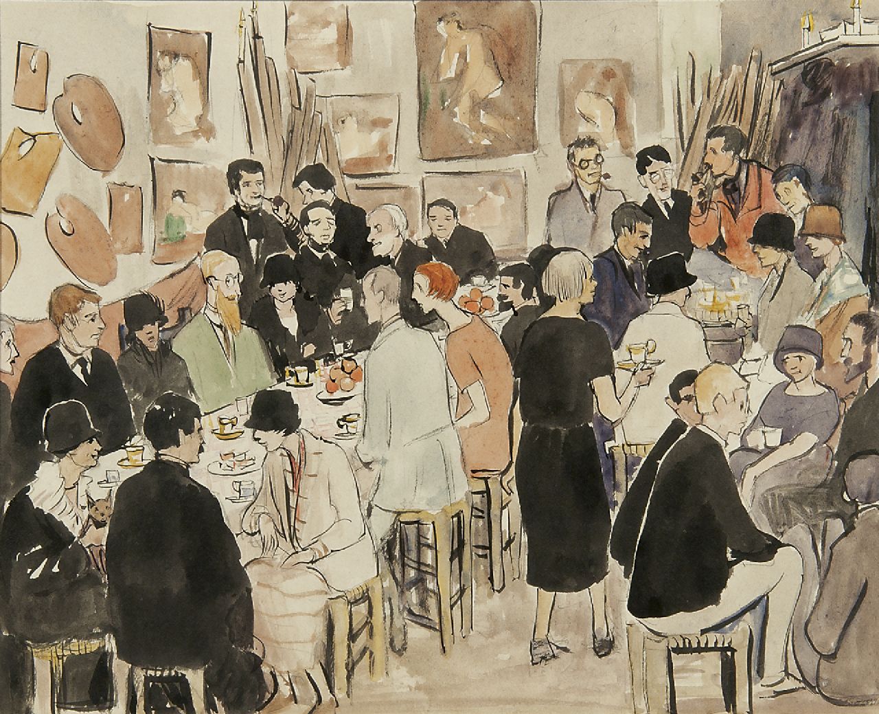 Geertrude Leese | Le Fauconnier, party in de Académie de la Palette (incl. tekening voorstellend Le Fauconnier), aquarel op papier, 25,0 x 29,9 cm Geertrude Leese | Le Fauconnier, party in de Académie de la Palette (incl. tekening voorstellend Le Fauconnier), aquarel op papier, 25,0 x 29,9 cm
