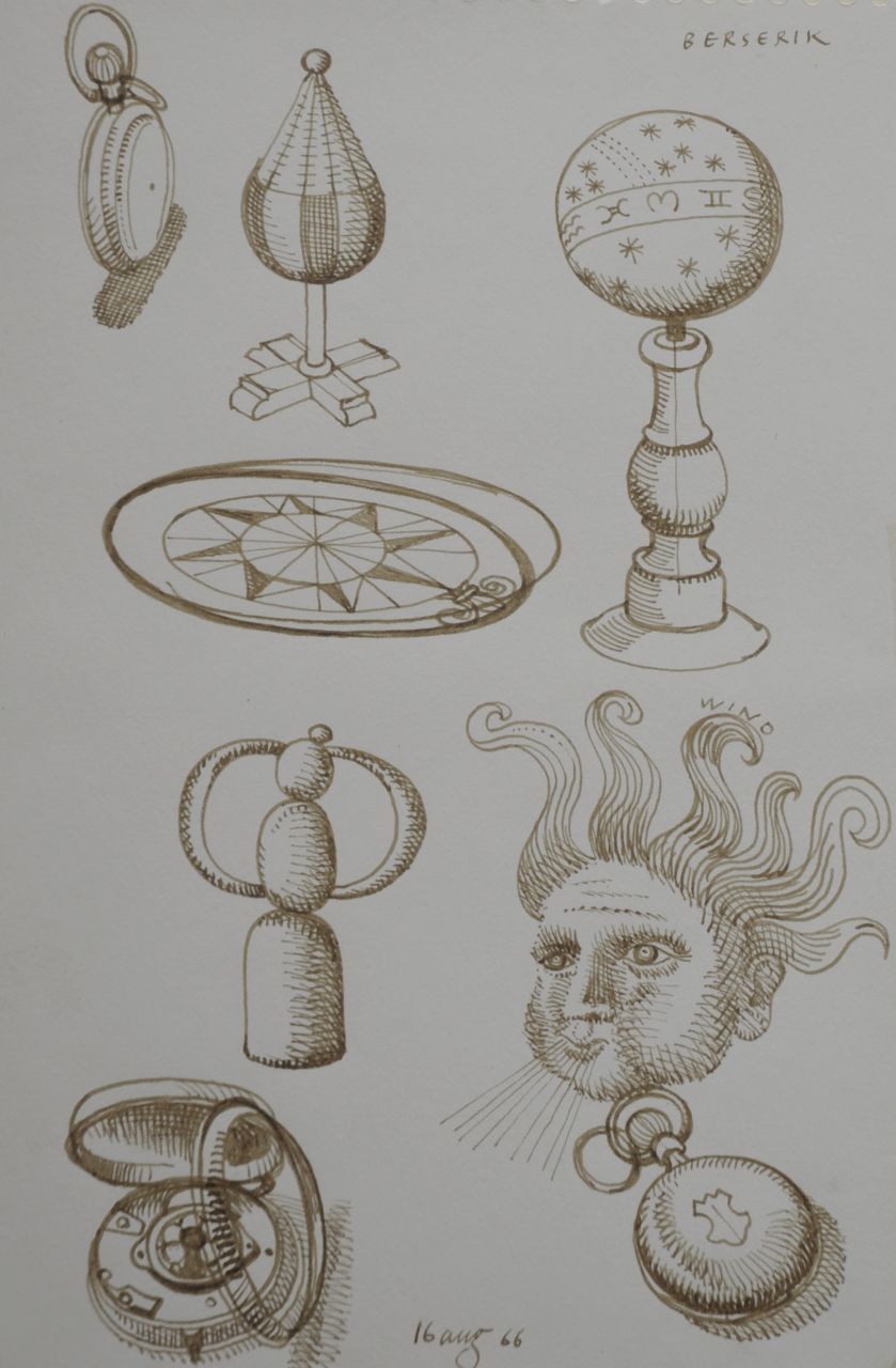 Berserik H.  | Hermanus 'Herman' Berserik | Aquarellen en tekeningen te koop aangeboden | Zonnewijzers en horloges, pen en sepia op papier 23,7 x 15,8 cm, gesigneerd rechtsboven en gedateerd 16 aug '66