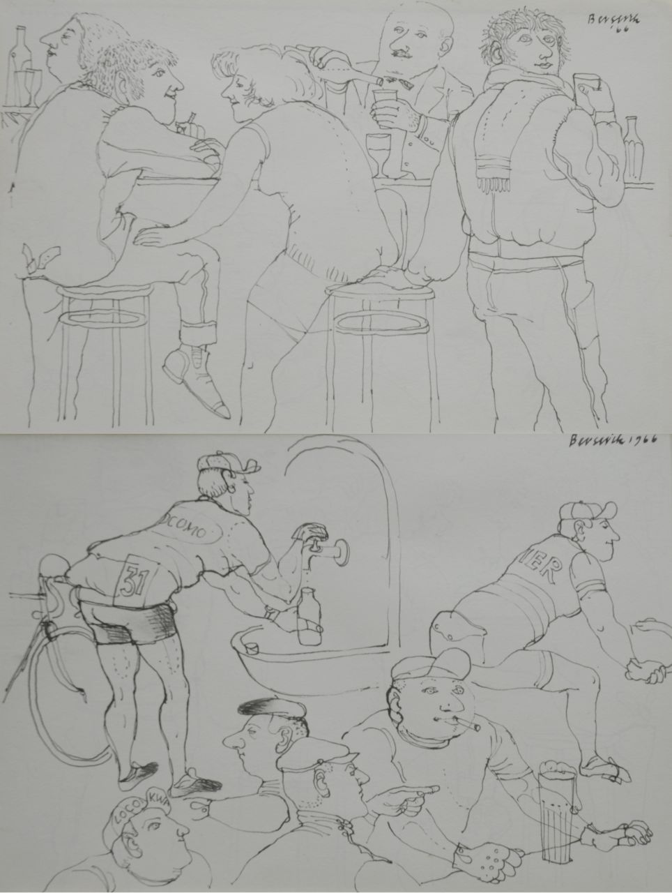 Berserik H. | Hermanus 'Herman' Berserik | Aquarellen en tekeningen te koop aangeboden | Aan de bar; verso: Wielrenners aan de bar, pen en inkt op papier 15,8 x 23,7 cm, gesigneerd rechtsboven en beide gedateerd 1966 Berserik H. | Hermanus 'Herman' Berserik | Aquarellen en tekeningen te koop aangeboden | Aan de bar; verso: Wielrenners aan de bar, pen en inkt op papier 15,8 x 23,7 cm, gesigneerd rechtsboven en beide gedateerd 1966