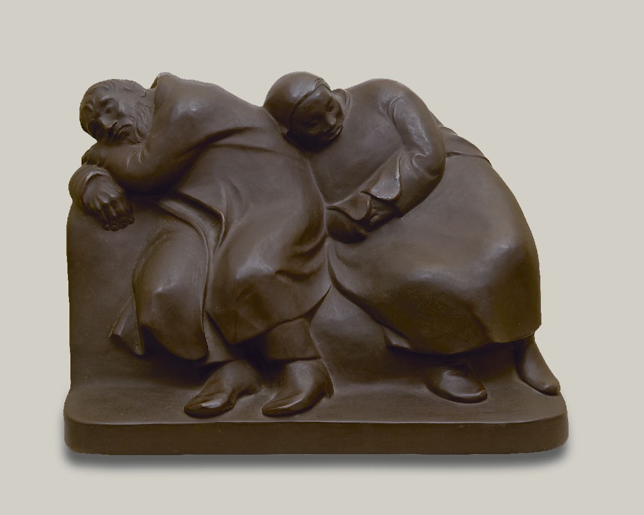 Barlach E.  | Ernst Barlach, Slapende vagebonden (Slapend boerenpaar), Böttger-steengoed 29,8 x 41,0 cm, gesigneerd met naamstempel op zijkant en te dateren 1956