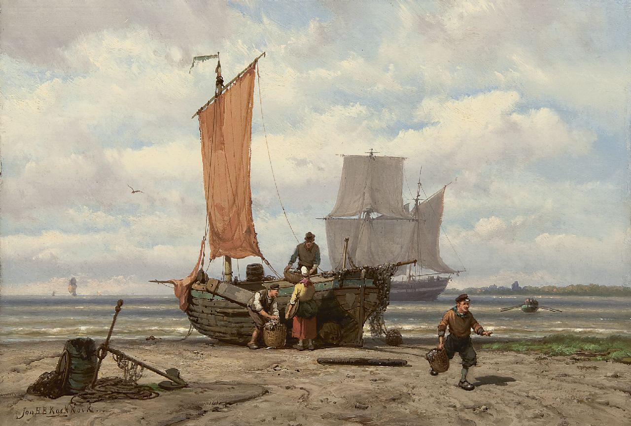 Koekkoek J.H.B. | Johannes Hermanus Barend 'Jan H.B.' Koekkoek | Schilderijen te koop aangeboden | Het uitladen van de vangst, olieverf op paneel 23,5 x 34,3 cm, gesigneerd linksonder Koekkoek J.H.B. | Johannes Hermanus Barend 'Jan H.B.' Koekkoek | Schilderijen te koop aangeboden | Het uitladen van de vangst, olieverf op paneel 23,5 x 34,3 cm, gesigneerd linksonder