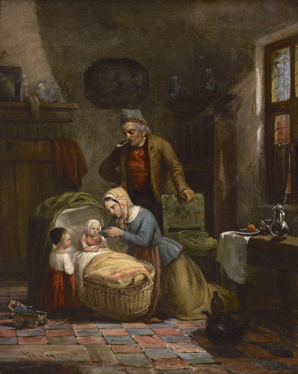 Kellen III D. van der | David van der Kellen III, Vissersfamilie in een interieur, olieverf op paneel 32,0 x 26,1 cm, gesigneerd linksonder met monogram en gedateerd '49 Kellen III D. van der | David van der Kellen III, Vissersfamilie in een interieur, olieverf op paneel 32,0 x 26,1 cm, gesigneerd linksonder met monogram en gedateerd '49