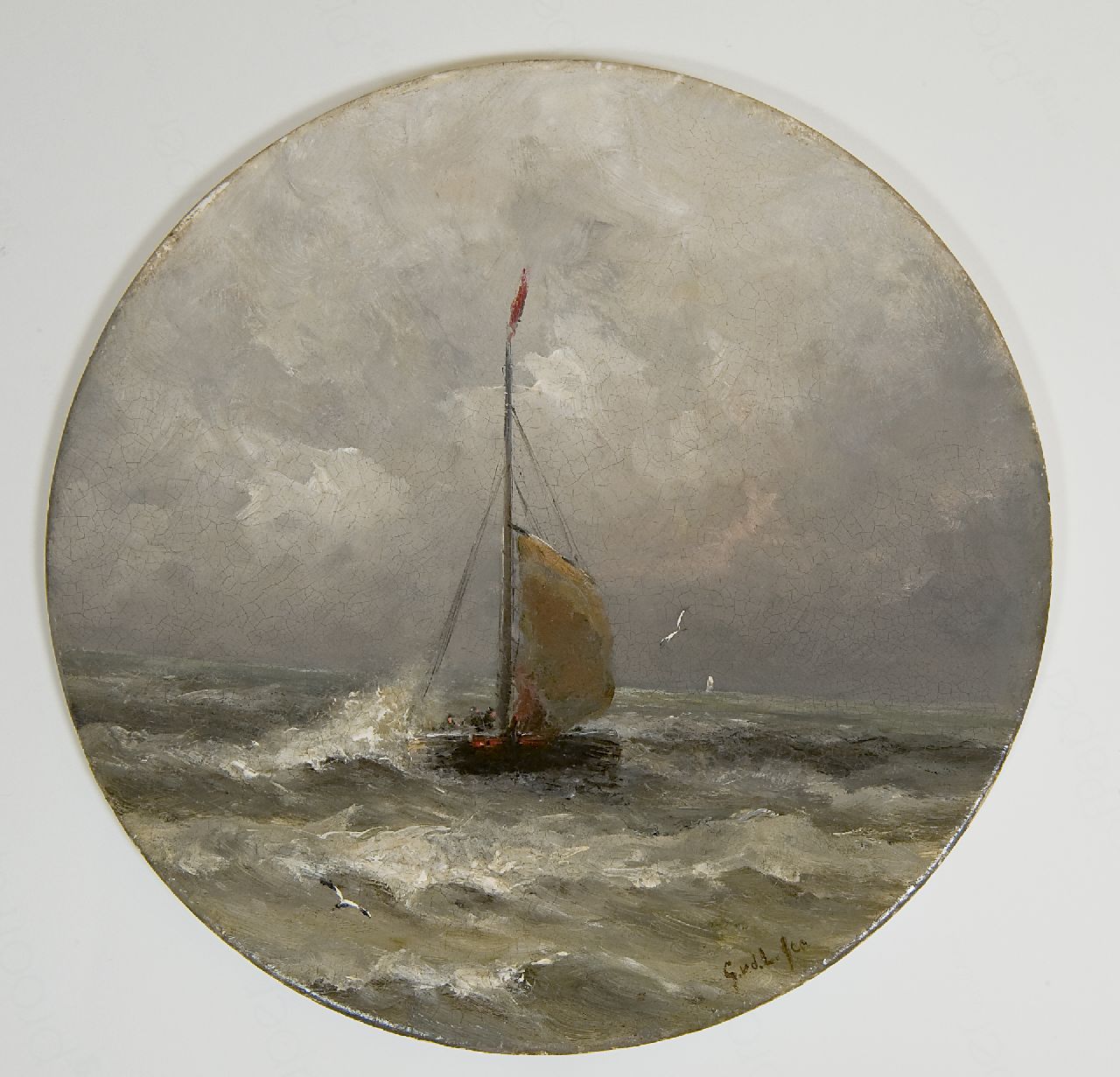 Laan G. van der | Gerard van der Laan, Bomschuit op zee, olieverf op porselein 28,3 x 28,3 cm, gesigneerd met initialen rechtsonder Laan G. van der | Gerard van der Laan, Bomschuit op zee, olieverf op porselein 28,3 x 28,3 cm, gesigneerd met initialen rechtsonder