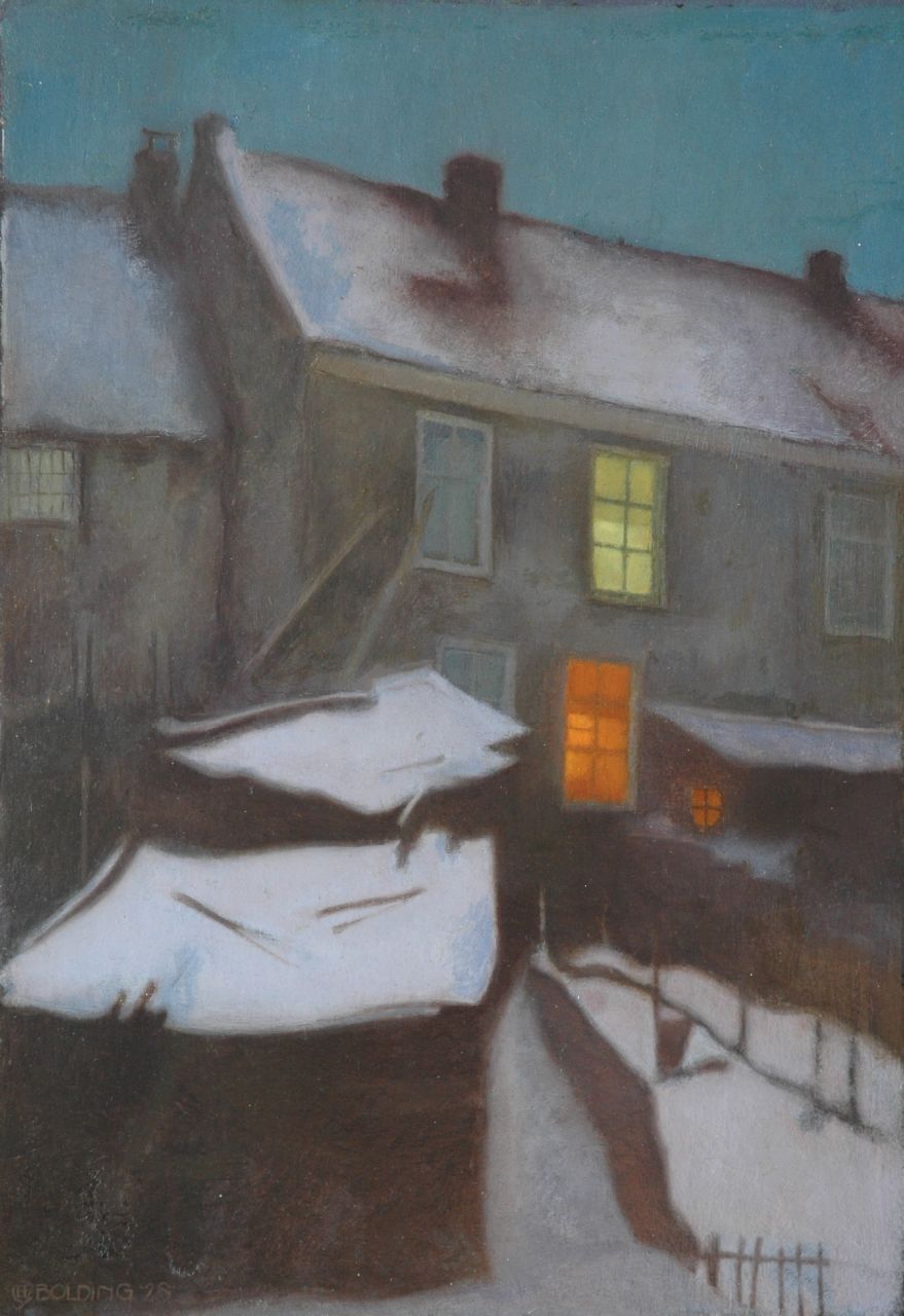 Bolding C.  | Cornelis 'Cees' Bolding, Verlichte huizen in de winter, Amsterdam, olieverf op paneel 50,9 x 35,7 cm, gesigneerd linksonder en gedateerd '28