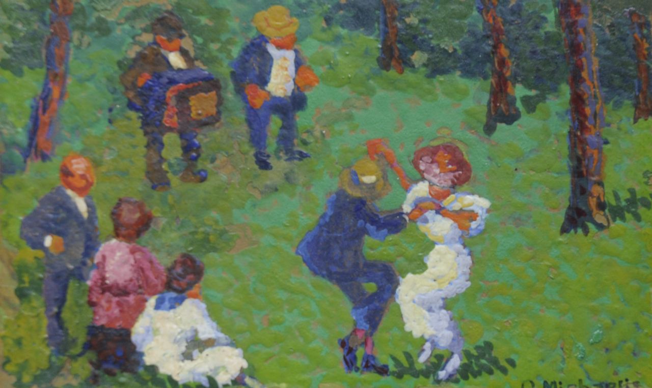 Michaelis O. | Oskar Michaelis, Dansen in het bos, gouache op karton 8,3 x 13,9 cm, gesigneerd rechtsonder Michaelis O. | Oskar Michaelis, Dansen in het bos, gouache op karton 8,3 x 13,9 cm, gesigneerd rechtsonder