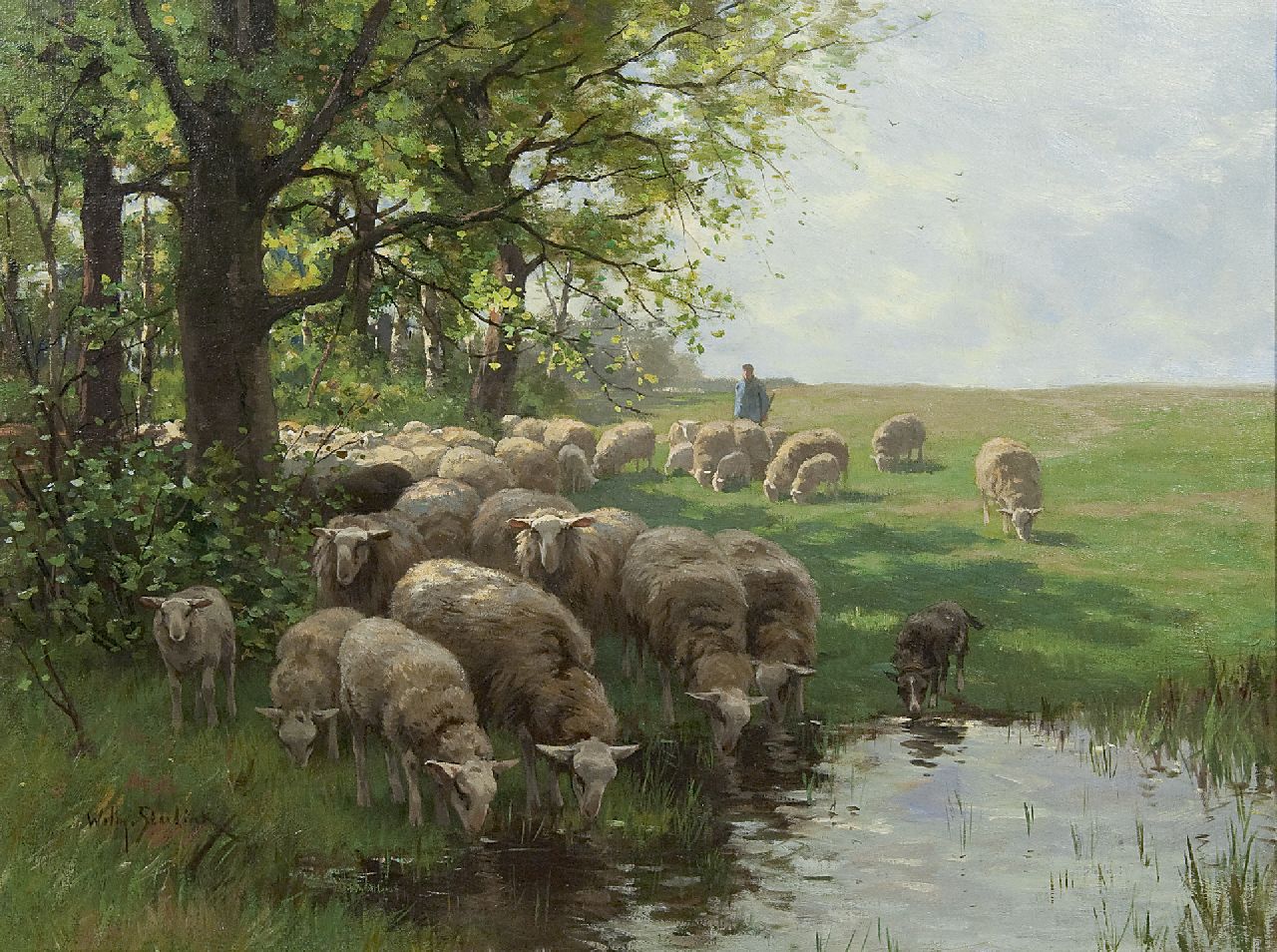 Steelink jr. W. | Willem Steelink jr., Herder met schaapskudde bij een drinkplaats, olieverf op doek 50,5 x 67,5 cm, gesigneerd linksonder en verso gedateerd juli 1914 Steelink jr. W. | Willem Steelink jr., Herder met schaapskudde bij een drinkplaats, olieverf op doek 50,5 x 67,5 cm, gesigneerd linksonder en verso gedateerd juli 1914