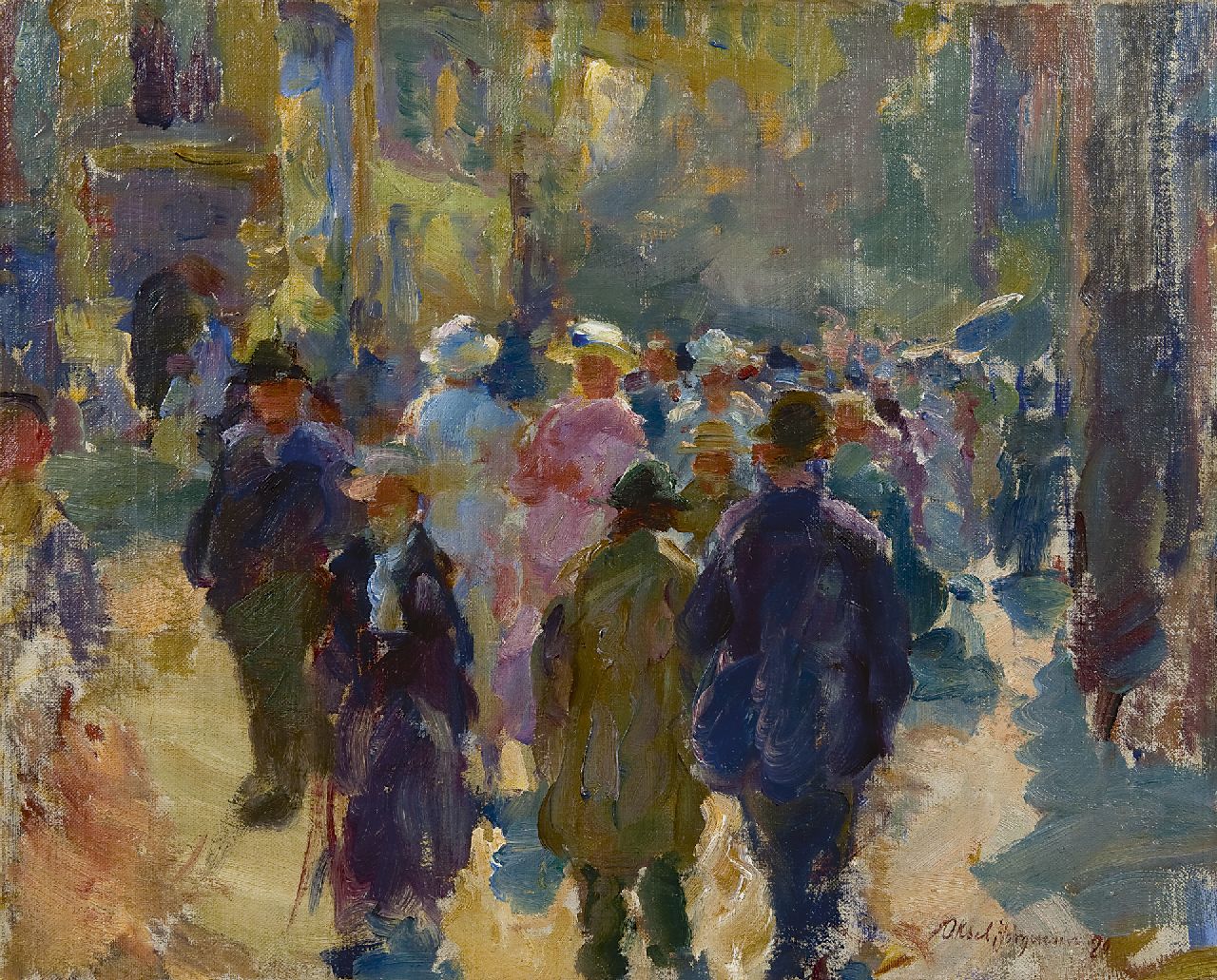 Jørgensen K.A.  | Karl 'Aksel' Jørgensen, Wandelaars in zonnige winkelstraat (Vimmelskaftet), Kopenhagen, olieverf op doek 41,8 x 52,1 cm, gesigneerd rechtsonder en gedateerd '20