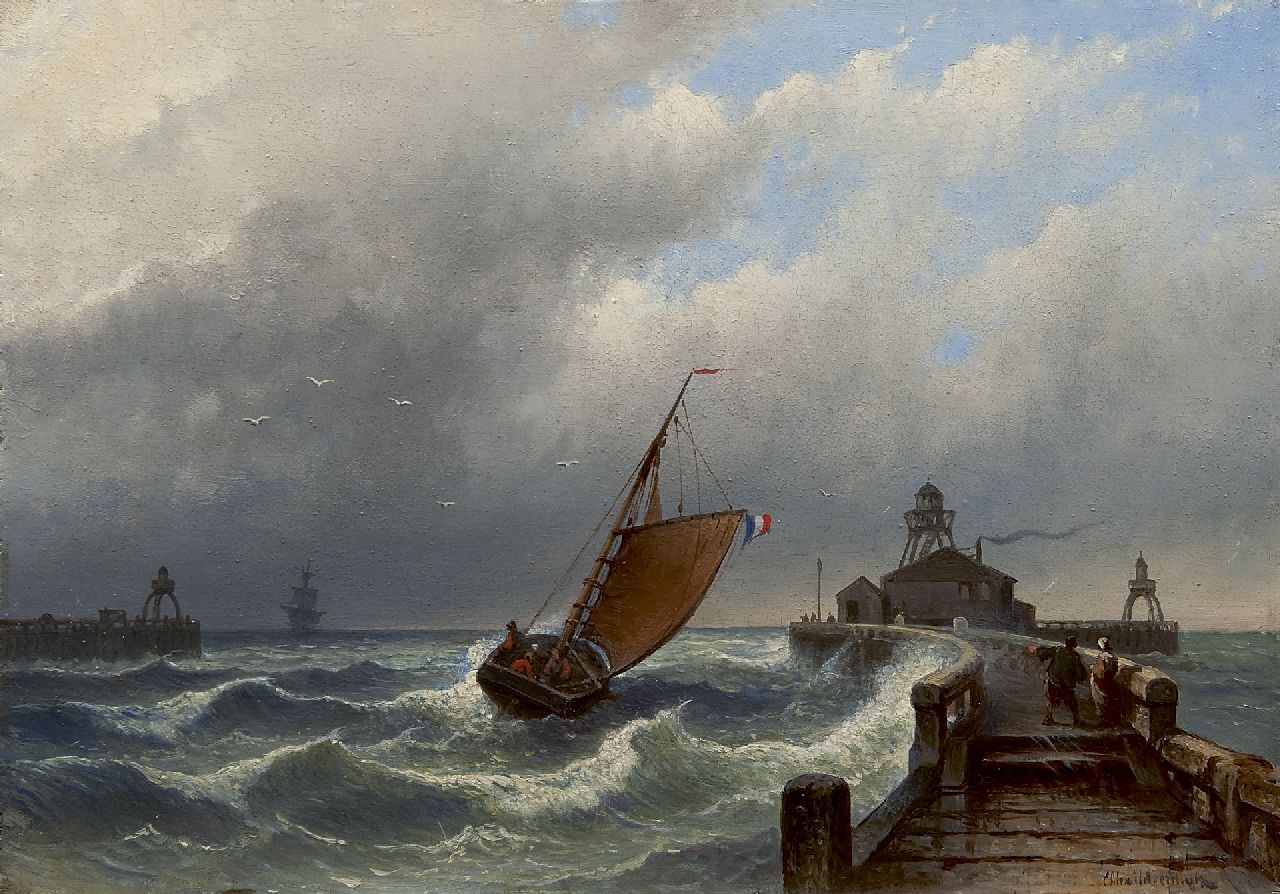 Hilverdink E.A. | Eduard Alexander Hilverdink, Zeilschip bij een havenhoofd met lichtbaak, olieverf op paneel 24,5 x 34,8 cm, gesigneerd rechtsonder Hilverdink E.A. | Eduard Alexander Hilverdink, Zeilschip bij een havenhoofd met lichtbaak, olieverf op paneel 24,5 x 34,8 cm, gesigneerd rechtsonder