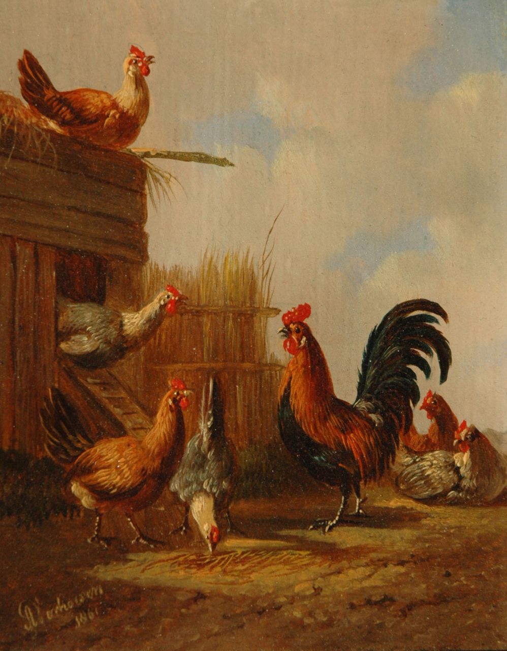 Verhoesen A. | Albertus Verhoesen, Een haan met zijn kippen (paar), olieverf op paneel 12,8 x 10,5 cm, gesigneerd linksonder en gedateerd 1861 Verhoesen A. | Albertus Verhoesen, Een haan met zijn kippen (paar), olieverf op paneel 12,8 x 10,5 cm, gesigneerd linksonder en gedateerd 1861