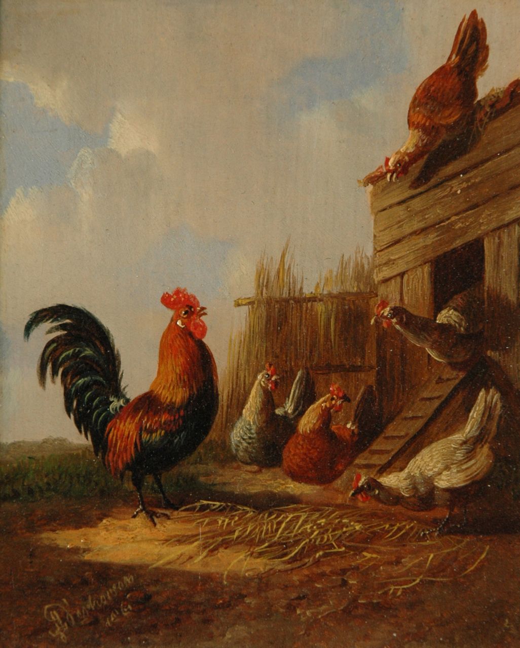 Verhoesen A. | Albertus Verhoesen, De haan met zijn kippen (pendant), olieverf op paneel 12,7 x 10,5 cm, gesigneerd linksonder en gedateerd 1861 Verhoesen A. | Albertus Verhoesen, De haan met zijn kippen (pendant), olieverf op paneel 12,7 x 10,5 cm, gesigneerd linksonder en gedateerd 1861