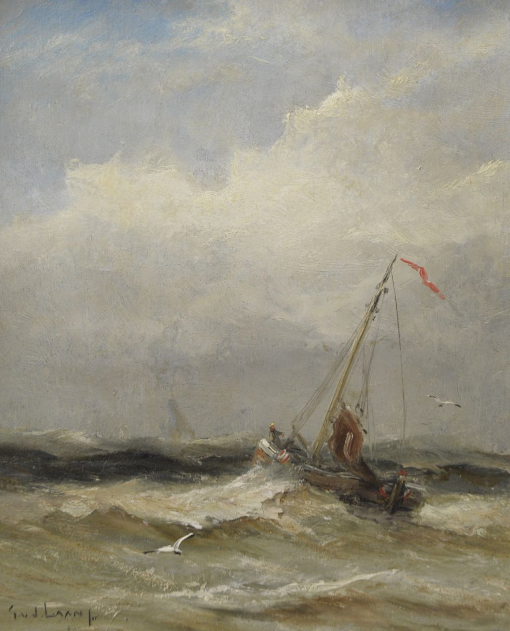 Laan G. van der | Gerard van der Laan, Schip in de branding, olieverf op schildersboard 19,5 x 16,0 cm, gesigneerd linksonder en verso Laan G. van der | Gerard van der Laan, Schip in de branding, olieverf op schildersboard 19,5 x 16,0 cm, gesigneerd linksonder en verso