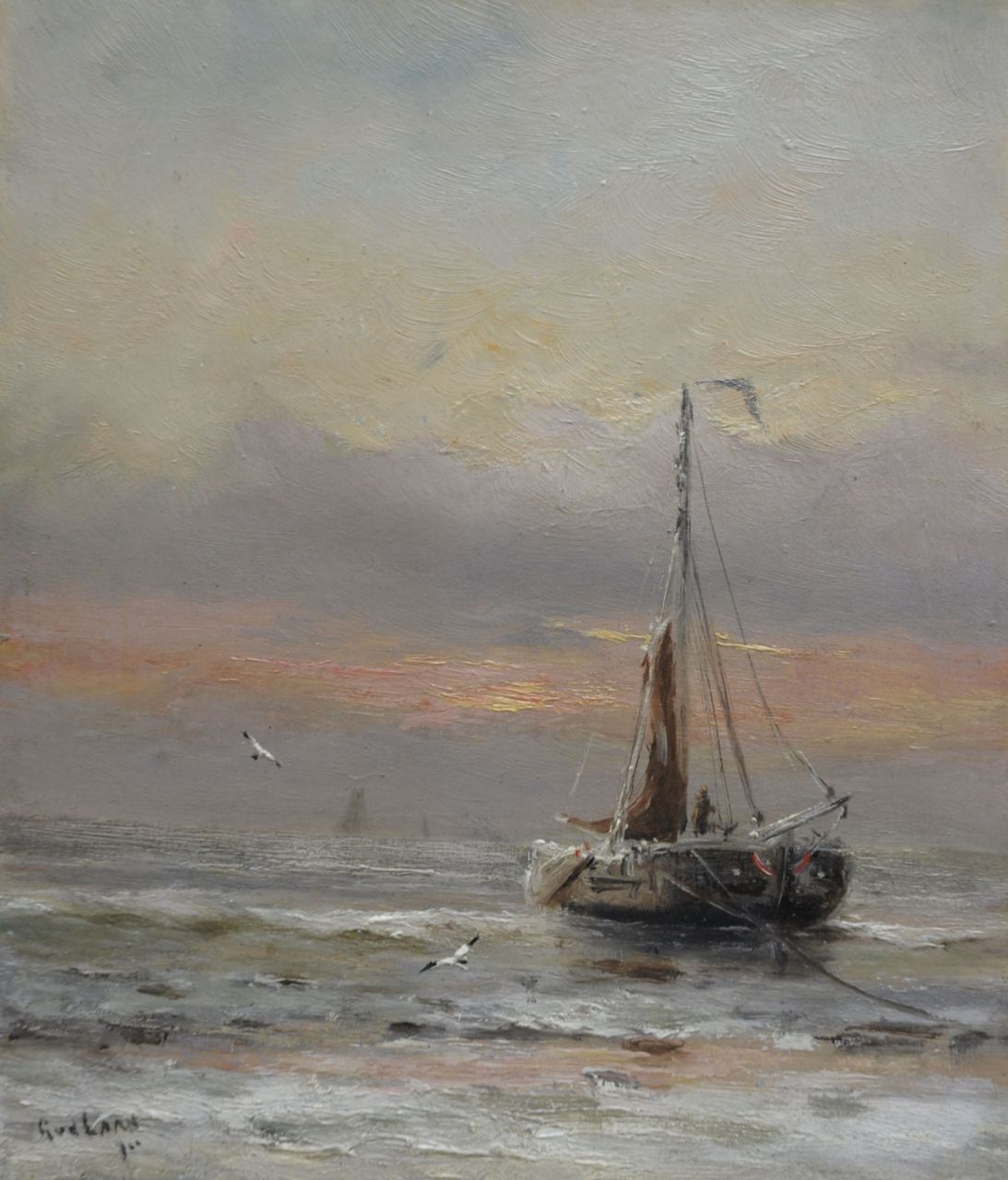 Laan G. van der | Gerard van der Laan, Winter aan het strand, olieverf op schildersboard 19,3 x 16,9 cm, gesigneerd linksonder Laan G. van der | Gerard van der Laan, Winter aan het strand, olieverf op schildersboard 19,3 x 16,9 cm, gesigneerd linksonder