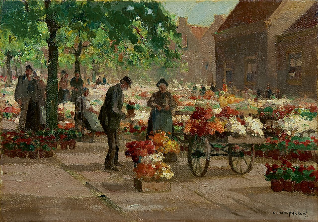 Delfgaauw G.J. | Gerardus Johannes 'Gerard' Delfgaauw, Bloemenmarkt, olieverf op doek 35,1 x 50,0 cm, gesigneerd rechtsonder Delfgaauw G.J. | Gerardus Johannes 'Gerard' Delfgaauw, Bloemenmarkt, olieverf op doek 35,1 x 50,0 cm, gesigneerd rechtsonder