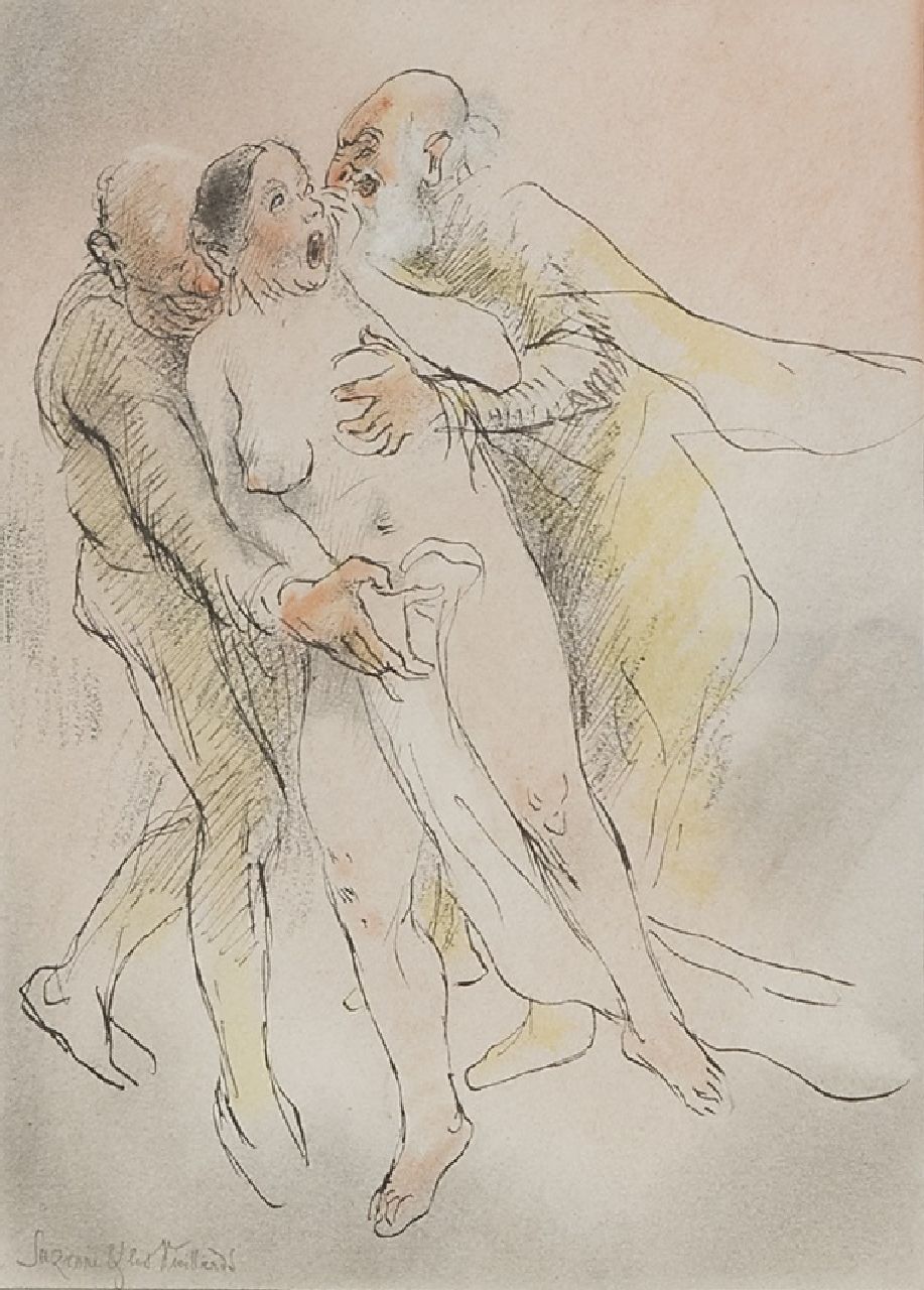 Rassenfosse A.L. | André Louis 'Armand' Rassenfosse | Aquarellen en tekeningen te koop aangeboden | Suzanne & Les Vieillards, potlood, inkt en pastel op papier 19,7 x 15,3 cm Rassenfosse A.L. | André Louis 'Armand' Rassenfosse | Aquarellen en tekeningen te koop aangeboden | Suzanne & Les Vieillards, potlood, inkt en pastel op papier 19,7 x 15,3 cm