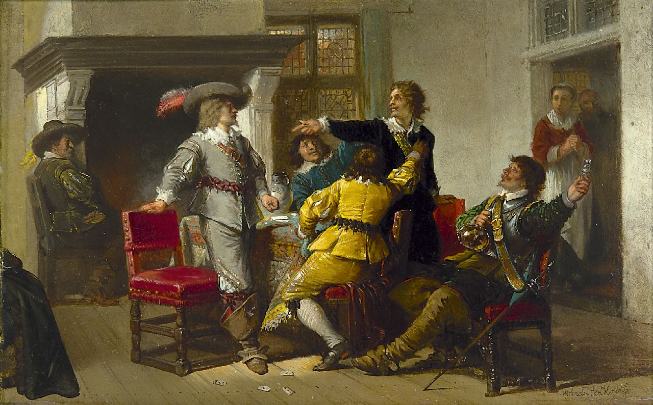 Kate H.F.C. ten | 'Herman' Frederik Carel ten Kate, Onenigheid bij het kaartspel, olieverf op paneel 17,1 x 26,8 cm, gesigneerd rechtsonder