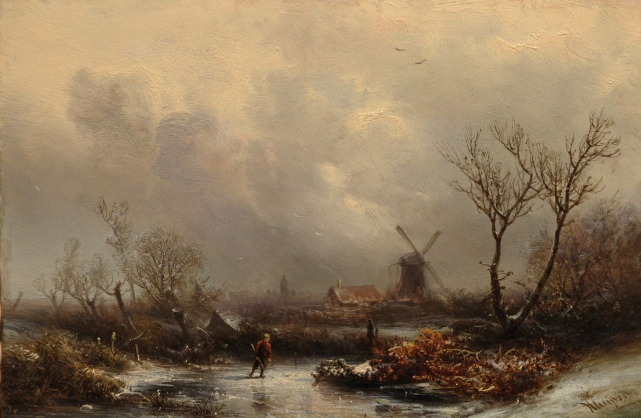 Kluyver P.L.F. | 'Pieter' Lodewijk Francisco Kluyver, Schaatser in een winterlandschap, olieverf op paneel 20,2 x 30,4 cm, gesigneerd rechtsonder Kluyver P.L.F. | 'Pieter' Lodewijk Francisco Kluyver, Schaatser in een winterlandschap, olieverf op paneel 20,2 x 30,4 cm, gesigneerd rechtsonder