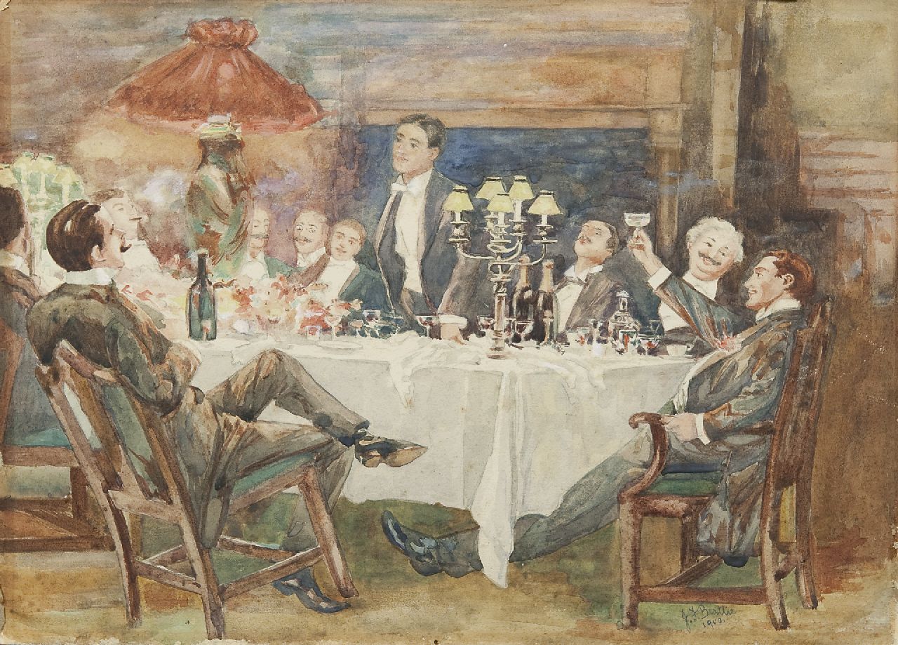 Beattie J.F.  | Beattie, Het vrijgezellendiner, aquarel op papier 25,3 x 35,5 cm, gesigneerd rechtsonder en gedateerd 1900