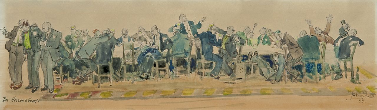 Bloos R.W. | 'Richard' Willi Bloos, De herenavond, aquarel op papier 14,1 x 48,9 cm, gesigneerd rechtsonder en gedateerd '44 Bloos R.W. | 'Richard' Willi Bloos, De herenavond, aquarel op papier 14,1 x 48,9 cm, gesigneerd rechtsonder en gedateerd '44