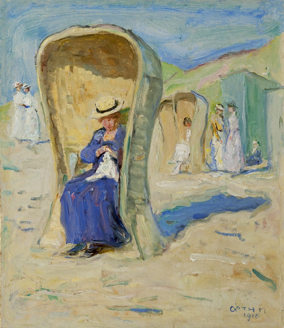 Góth M.  | Móritz 'Maurice' Góth, In de strandstoel, Domburg, olieverf op papier op board 31,5 x 27,8 cm, gesigneerd rechtsonder en gedateerd 1918