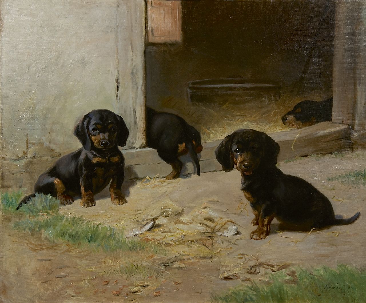 Johansen H.F. | Hans 'Fridolin' Johansen, Jonge teckels bij een schuur, olieverf op doek 52,3 x 63,0 cm, gesigneerd rechtsonder en gedateerd '91 Johansen H.F. | Hans 'Fridolin' Johansen, Jonge teckels bij een schuur, olieverf op doek 52,3 x 63,0 cm, gesigneerd rechtsonder en gedateerd '91