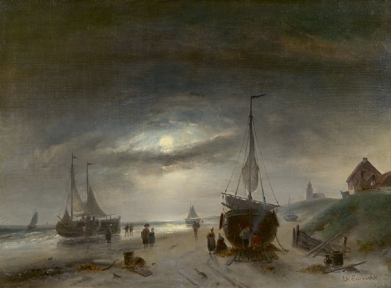 Leickert C.H.J. | 'Charles' Henri Joseph Leickert, Vissers en schepen op het strand van Scheveningen, bij maanlicht, olieverf op doek 48,6 x 65,6 cm, gesigneerd rechtsonder Leickert C.H.J. | 'Charles' Henri Joseph Leickert, Vissers en schepen op het strand van Scheveningen, bij maanlicht, olieverf op doek 48,6 x 65,6 cm, gesigneerd rechtsonder