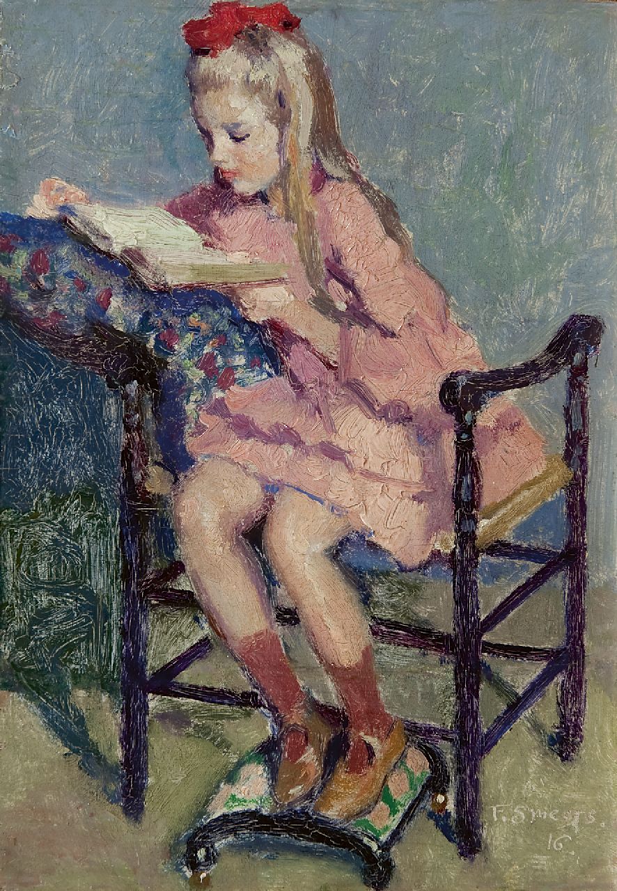 Smeers F.  | Frans Smeers, Lezend meisje, olieverf op paneel 23,9 x 16,7 cm, gesigneerd rechtsonder en gedateerd '16