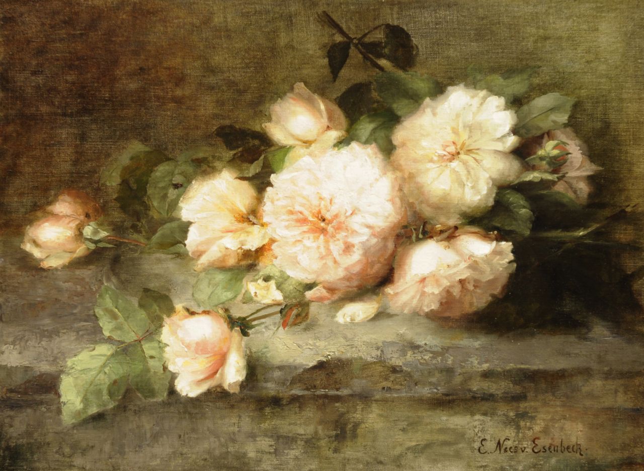 Nees von Esenbeck E. | Elise Nees von Esenbeck, Bloemstilleven met roze rozen, olieverf op doek 43,2 x 58,9 cm, gesigneerd rechtsonder Nees von Esenbeck E. | Elise Nees von Esenbeck, Bloemstilleven met roze rozen, olieverf op doek 43,2 x 58,9 cm, gesigneerd rechtsonder