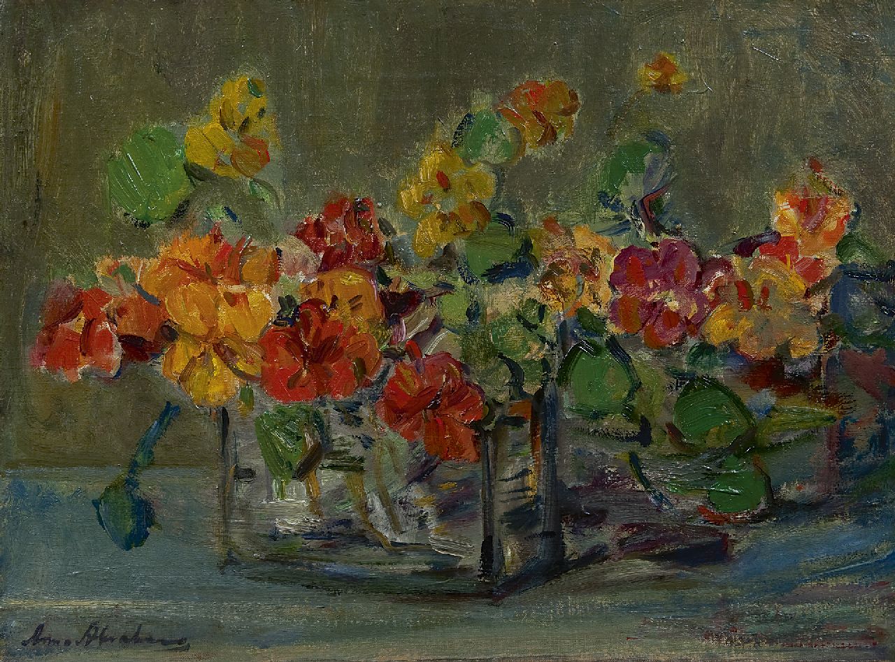 Abrahams A.A. | Anna Adelaïde Abrahams, Oost-Indische kers in een vaas, olieverf op doek 33,0 x 44,1 cm, gesigneerd linksonder Abrahams A.A. | Anna Adelaïde Abrahams, Oost-Indische kers in een vaas, olieverf op doek 33,0 x 44,1 cm, gesigneerd linksonder
