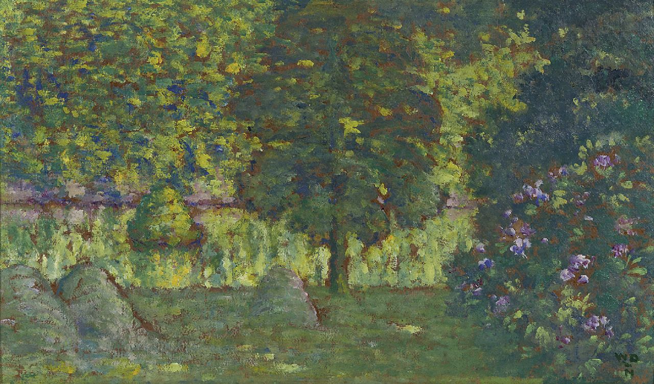 Degouve de Nuncques W.  | William Degouve de Nuncques, Gezicht op een parkvijver, olieverf op board 29,4 x 50,0 cm, gesigneerd rechtsonder met initialen
